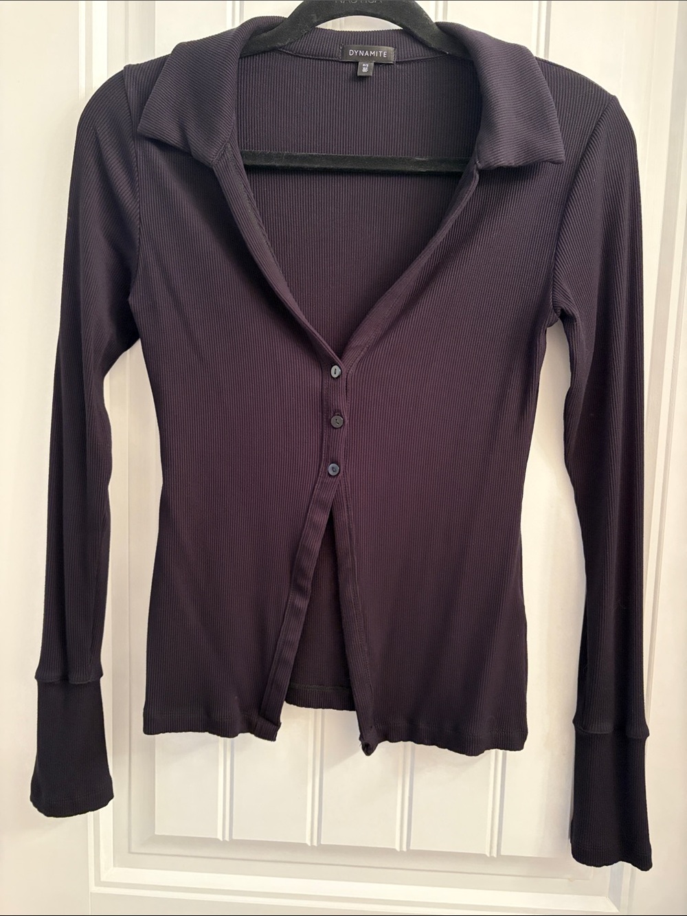Dynamite Black Ribbed Button-Front Long Sleeve Collared Top